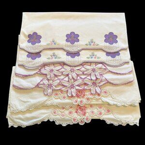 Lot of 3 Pairs of Pillowcases Applique and Crocheted Edges Vintage 1950s
